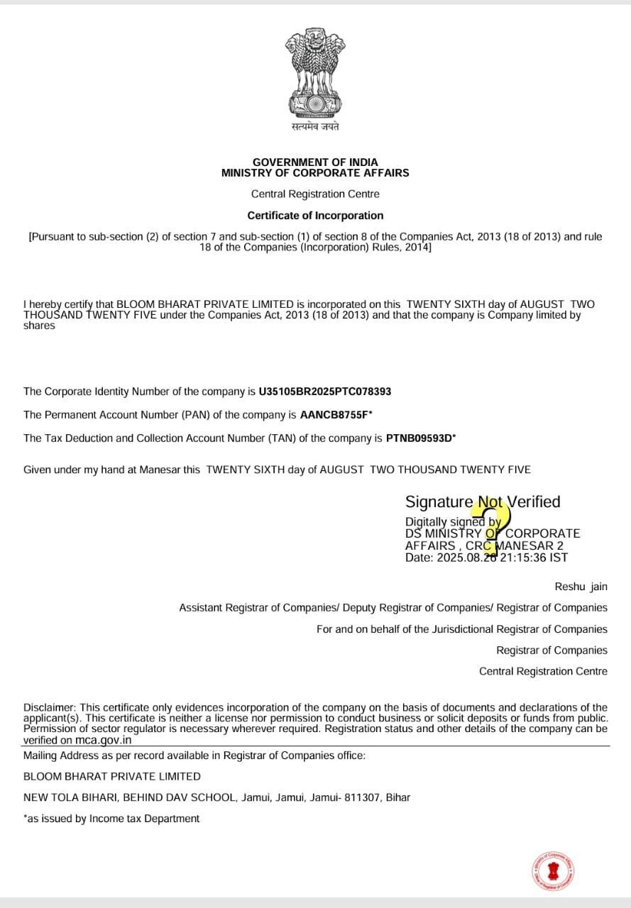 MCA Incorporation Certificate